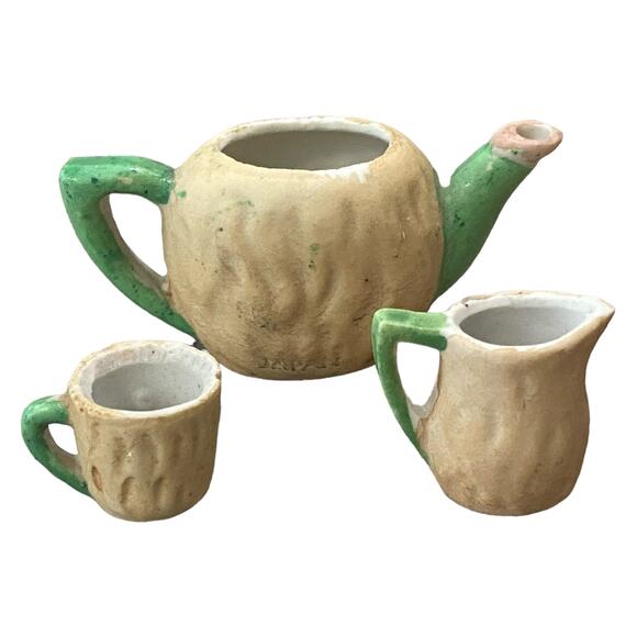 3 Pc Set 1920's Japan Kewpie Doll Face Child's Miniature Tea Pot Cup Creamer - Picture 3 of 14